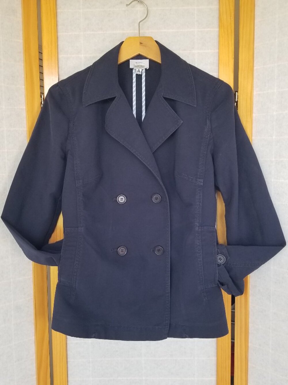 Navy Blue 100% Cotton Pea Coat Shorter Length Lightweight Ann Taylor Loft VTG